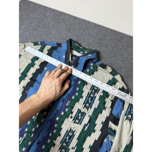 Vtg Wrangler Denim Shirt Western Pearl Snap Rodeo Aztec Distressed Mens Large - Picture 3 of 8